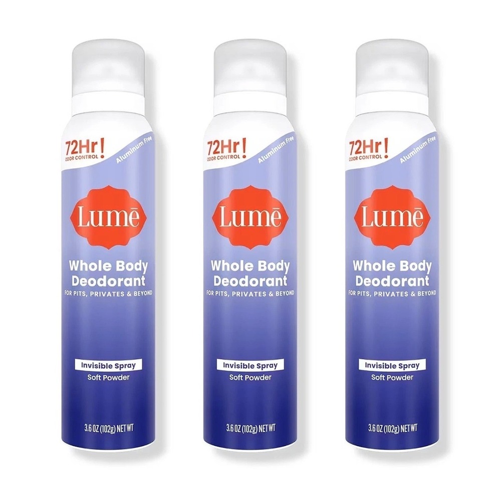 Lume 3 Pack Whole Body Deodorant Invisible Spray Soft Powder 3.6oz Aluminum Free